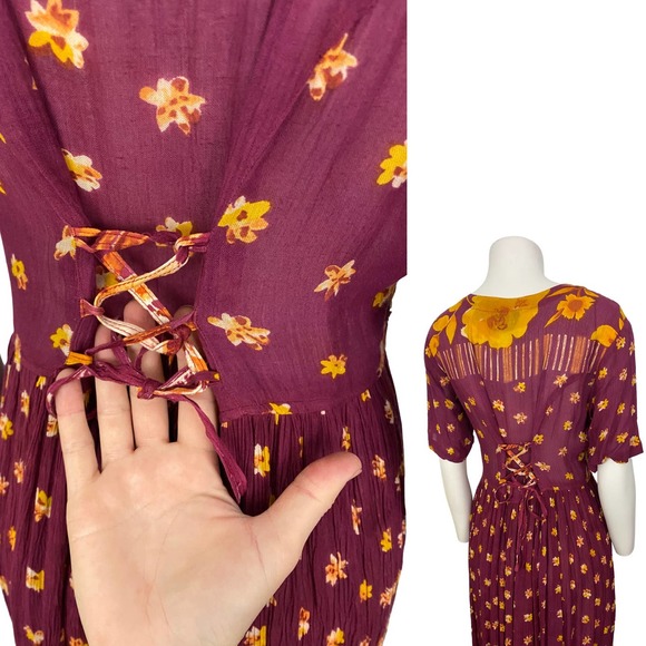 Vintage Floral India Cottage Maxi Dress Lace up Back / women’s Small - Picture 3 of 5